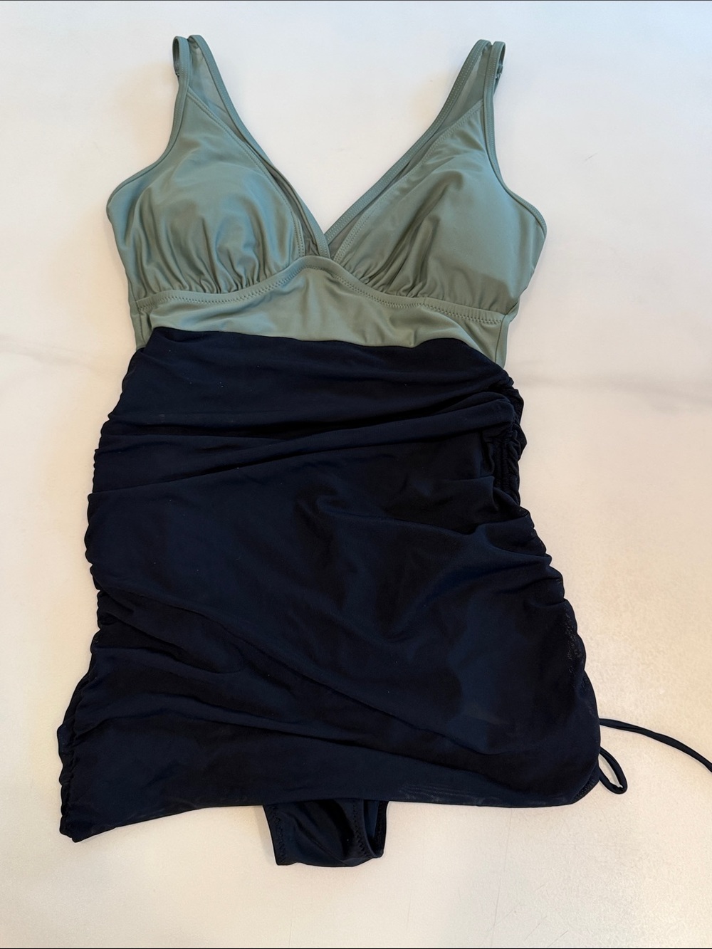 Two-Tone Ruched One-Piece Swimsuit - Sage Top & Black Skirt